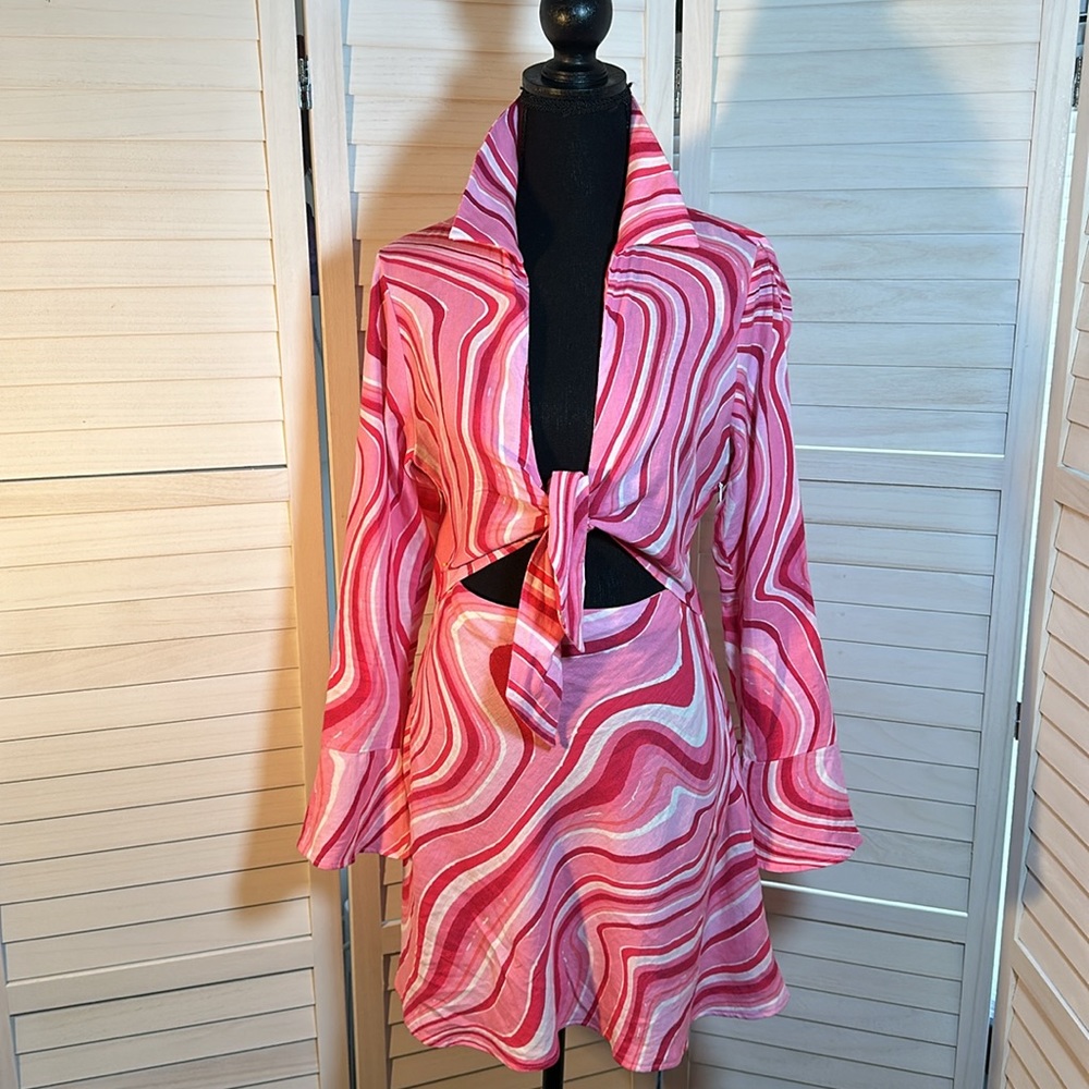 EUC Zara Linen-Blend Retro Pink and White Mini Dress - Picture 8 of 10